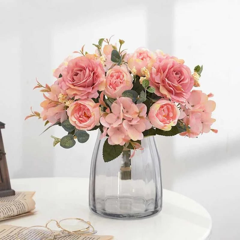 Geno Retro Silk Rose Bouquet - Artificial Hydrangea Peony Wedding Flowers 14:10#Red Artificial Flowers