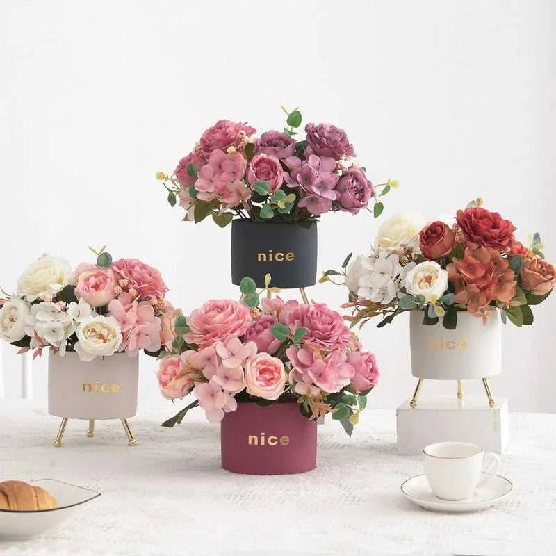 Geno Retro Silk Rose Bouquet - Artificial Hydrangea Peony Wedding Flowers 14:10#Red Artificial Flowers