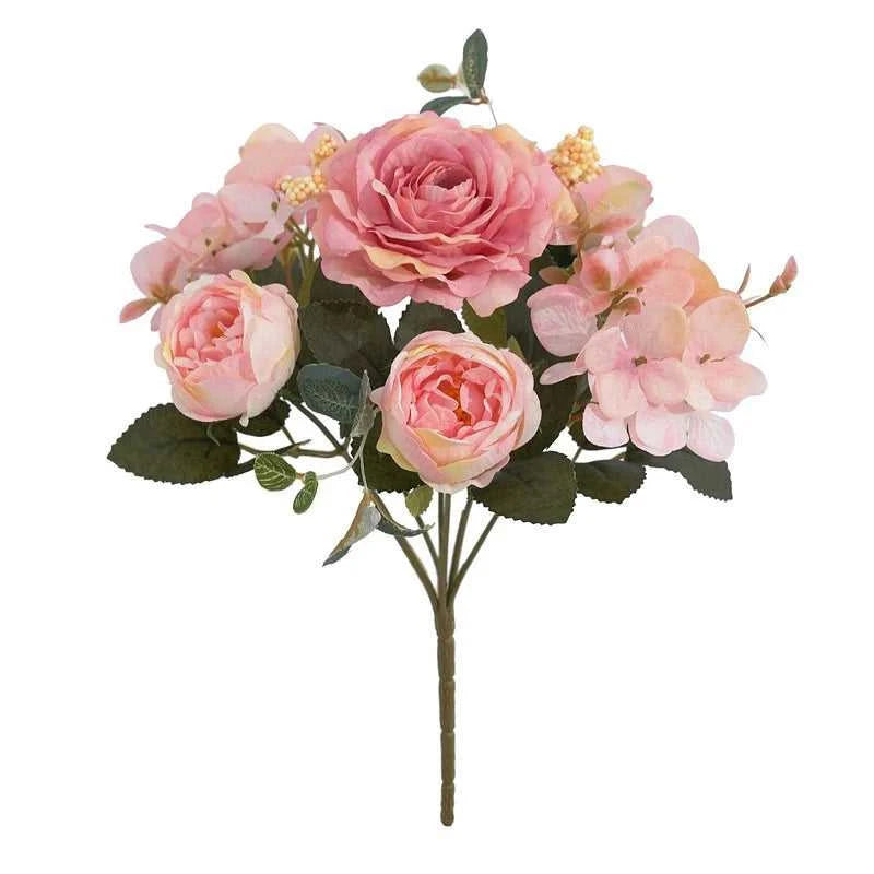 Geno Retro Silk Rose Bouquet - Artificial Hydrangea Peony Wedding Flowers 14:10#Red Artificial Flowers