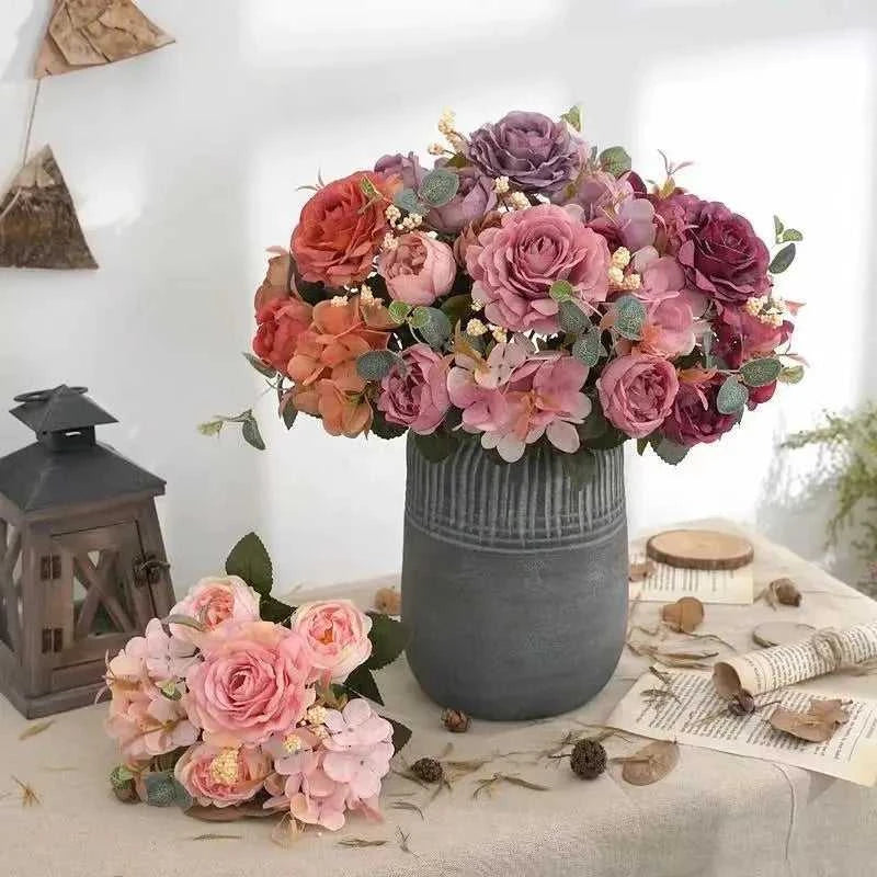 Geno Retro Silk Rose Bouquet - Artificial Hydrangea Peony Wedding Flowers 14:10#Red Artificial Flowers