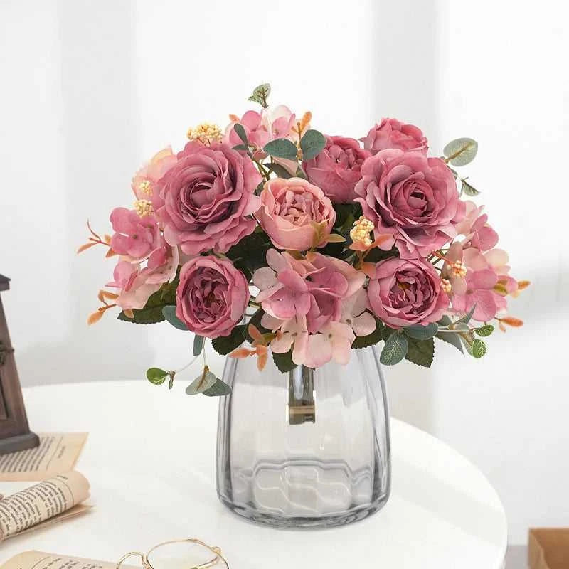 Geno Retro Silk Rose Bouquet - Artificial Hydrangea Peony Wedding Flowers 14:10#Red Artificial Flowers