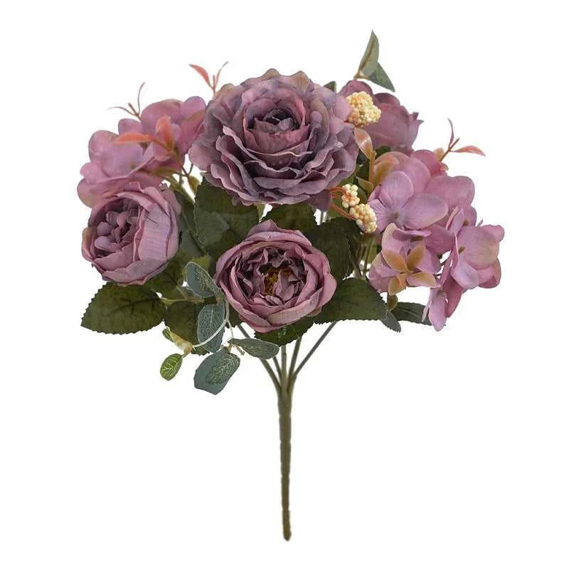 Geno Retro Silk Rose Bouquet - Artificial Hydrangea Peony Wedding Flowers 14:10#Red Artificial Flowers