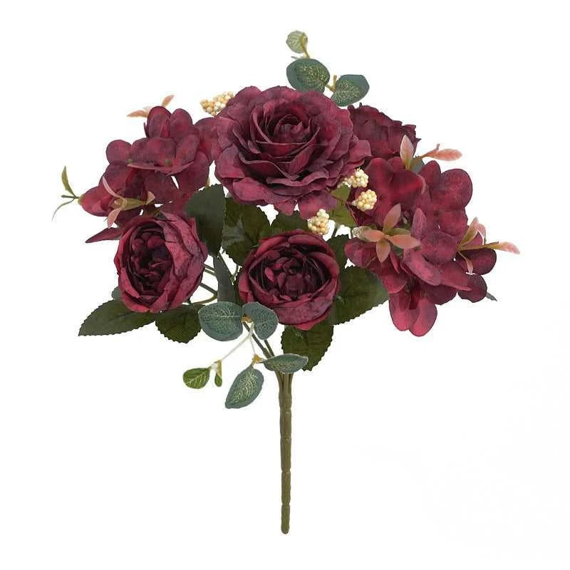 Geno Retro Silk Rose Bouquet - Artificial Hydrangea Peony Wedding Flowers 14:10#Red Artificial Flowers