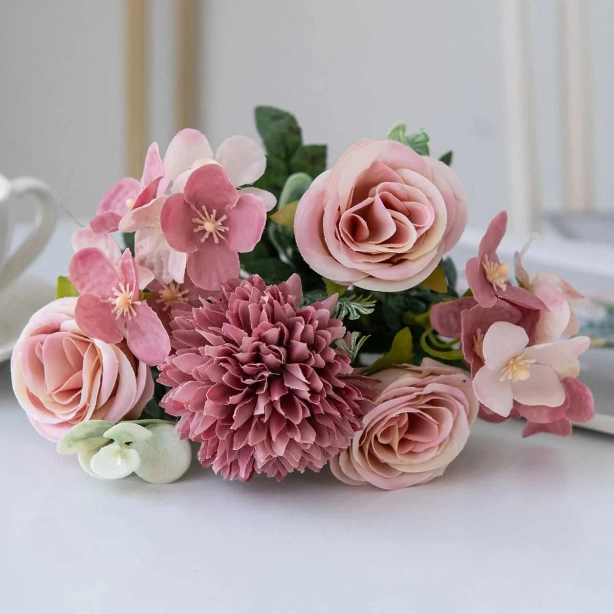 Geno Retro Silk Rose Bouquet - Artificial Hydrangea Peony Wedding Flowers 14:10#Red Artificial Flowers