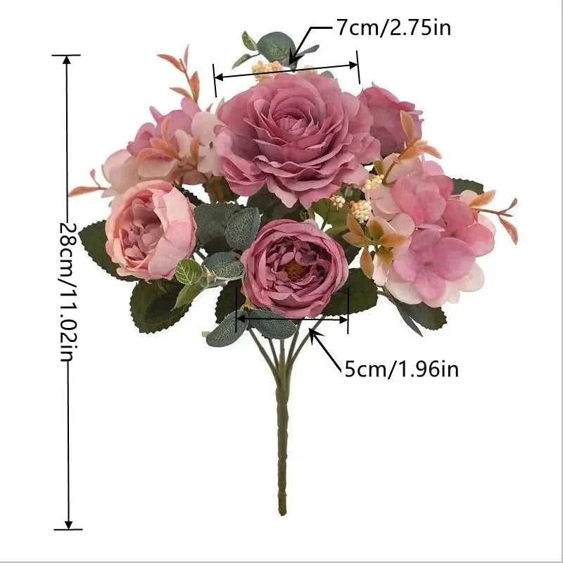 Geno Retro Silk Rose Bouquet - Artificial Hydrangea Peony Wedding Flowers 14:10#Red Artificial Flowers