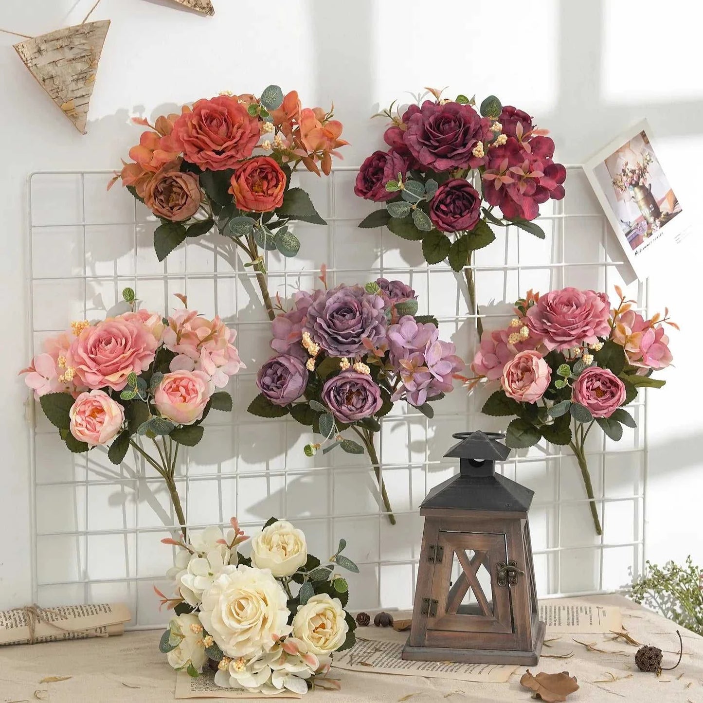 Geno Retro Silk Rose Bouquet - Artificial Hydrangea Peony Wedding Flowers 14:10#Red Artificial Flowers