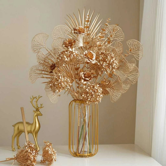 Gilda Artificial Golden Eucalyptus Rose Arrangement - Premium Faux Floral Decor 14:496#Eucalyptus leaves Artificial Flowers