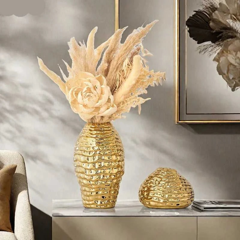 Ana Gold Wrinkle Ceramic Vase - Porcelain Flower Pot Desk Decor 14:29#S vase