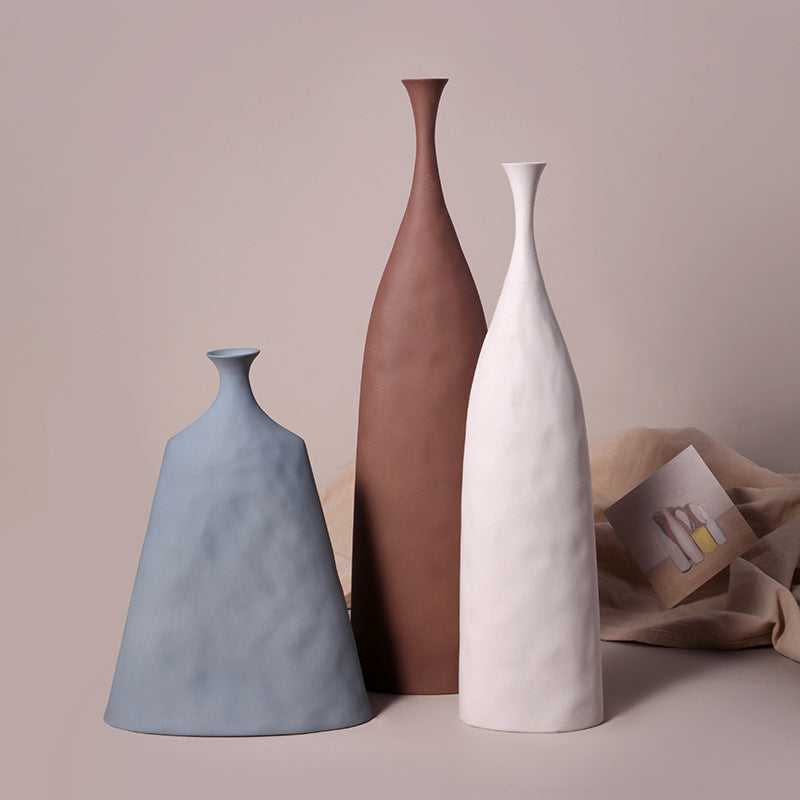 Hecho handmade ceramic vase trio in blue, brown and white with linen fabric styling – Nordic home decor