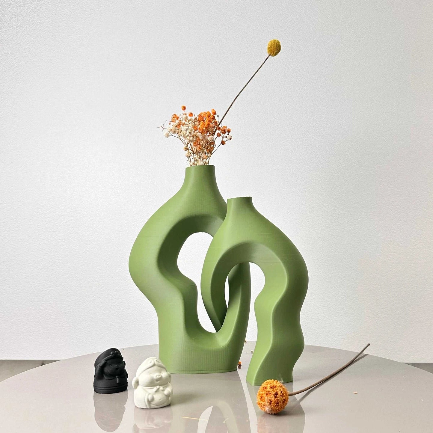 Hilly Plastic Twisty Artistic Vases Set of 2 - Modern Dried Flower Decor 14:200004889#Matcha green vase