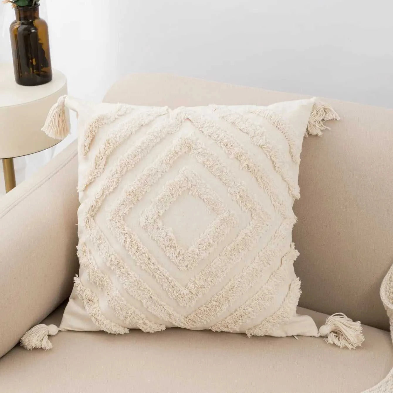 Isabe Beige Tufted Lumbar Pillow Cover - Decorative Fringe Cushion 14:771;5:202949817 Cushion Covers