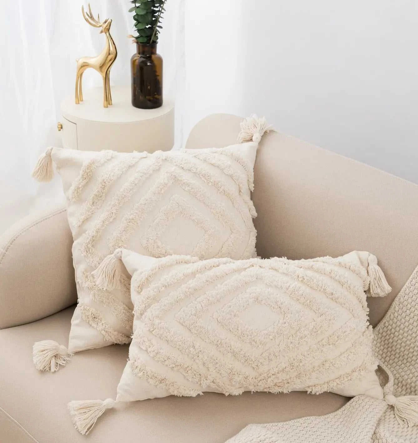 Isabe Beige Tufted Lumbar Pillow Cover - Decorative Fringe Cushion 14:771;5:202949817 Cushion Covers