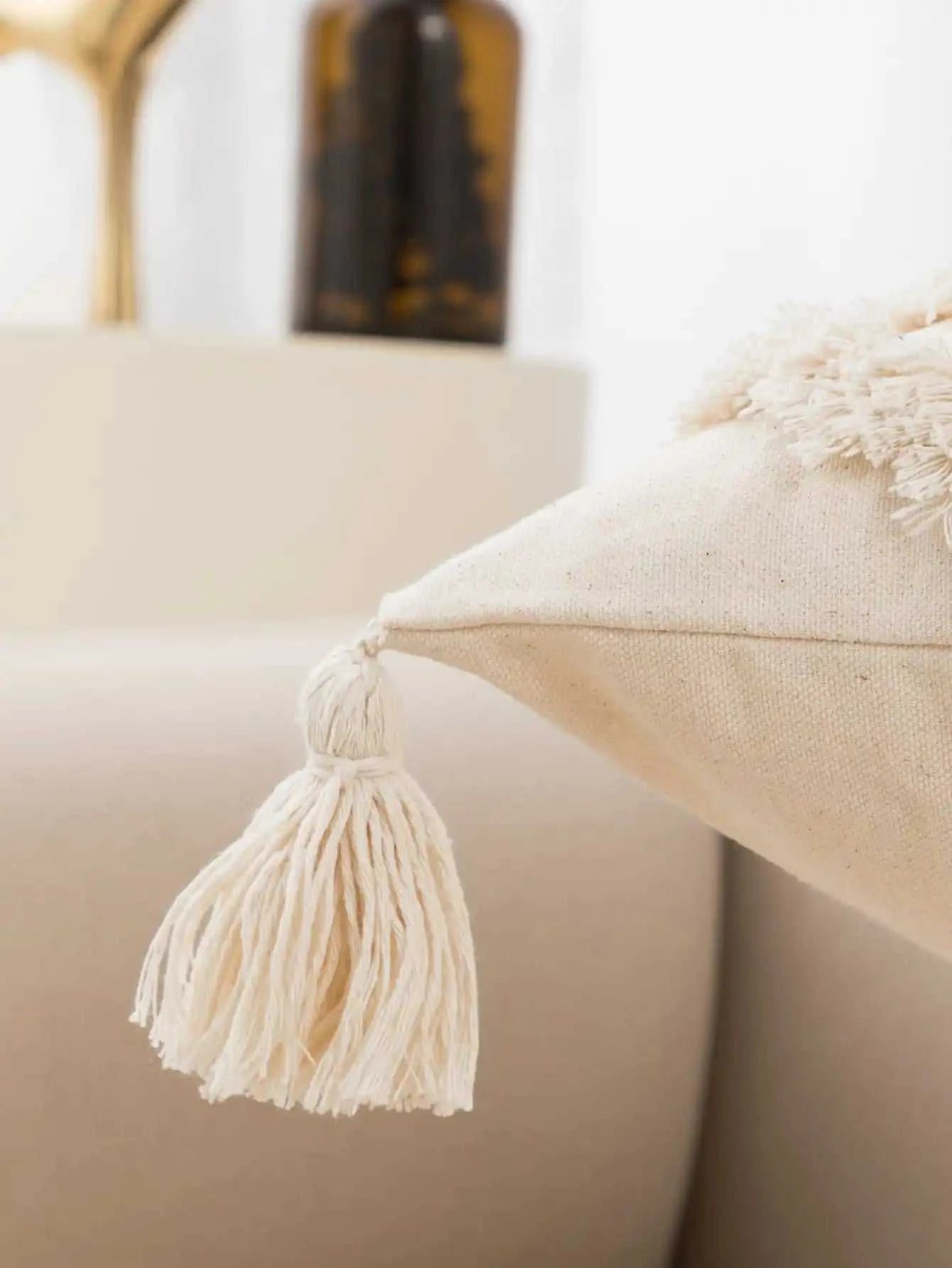 Isabe Beige Tufted Lumbar Pillow Cover - Decorative Fringe Cushion 14:771;5:202949817 Cushion Covers