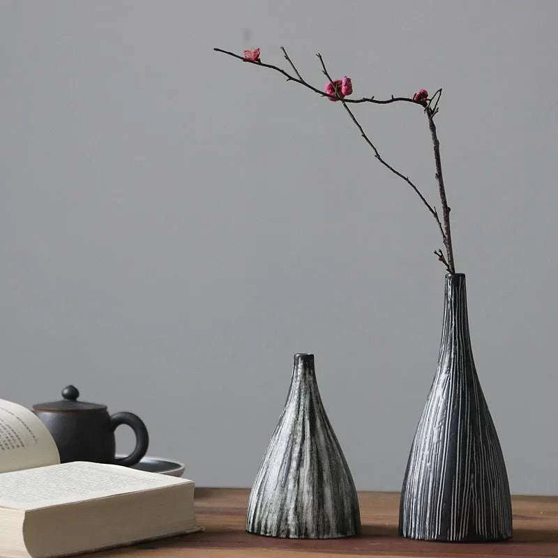 Ceramic vase new Chinese Zen vertical stripe handmade flower creative living room hotel decorative arts and crafts 14:29#large 22X8.8CM Vases