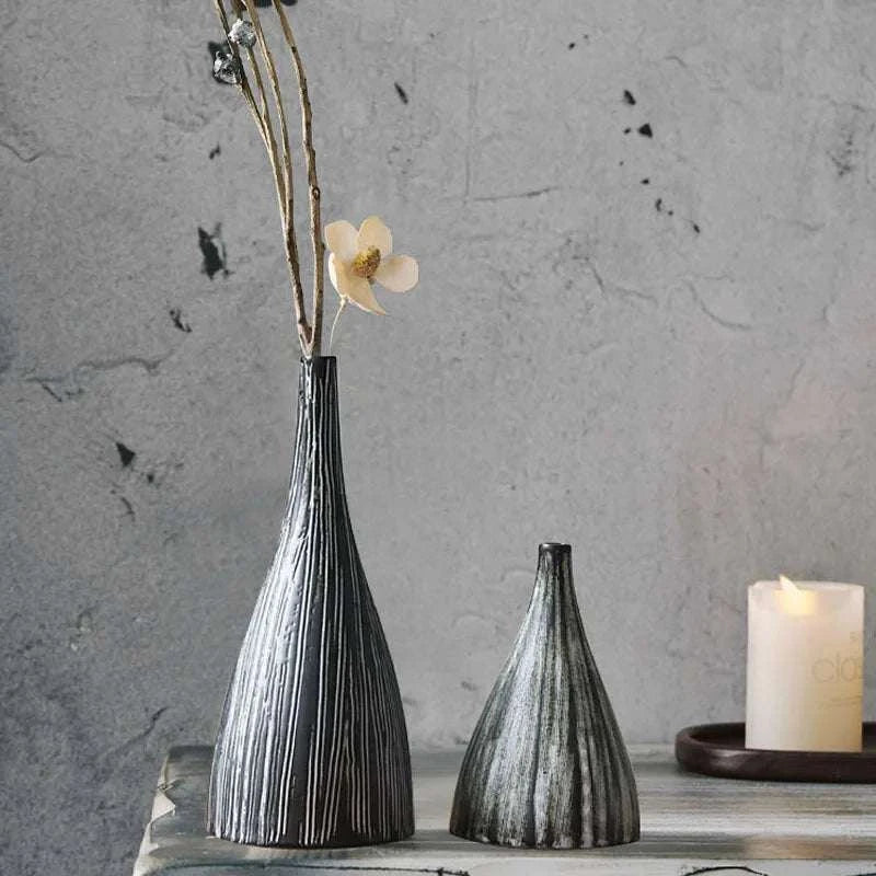 Ceramic vase new Chinese Zen vertical stripe handmade flower creative living room hotel decorative arts and crafts 14:29#large 22X8.8CM Vases