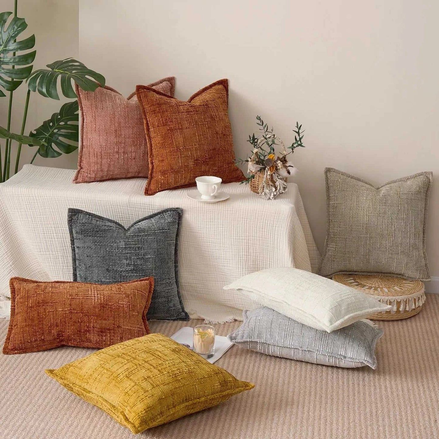 Masy Chenille Cushion Cover - Bamboo Yarn Textured Throw Pillow Case 14:10#Dark Grey;5:201298988#30x50cm Cushion Covers