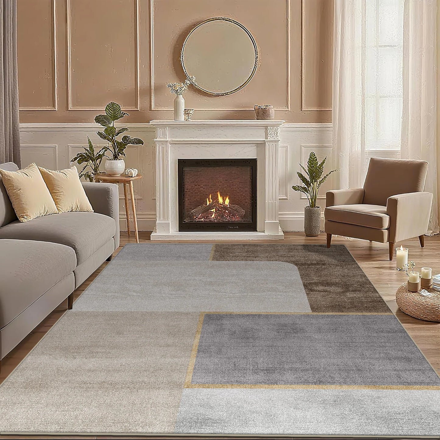 Mocco brown grey area rug styled in a modern living room
