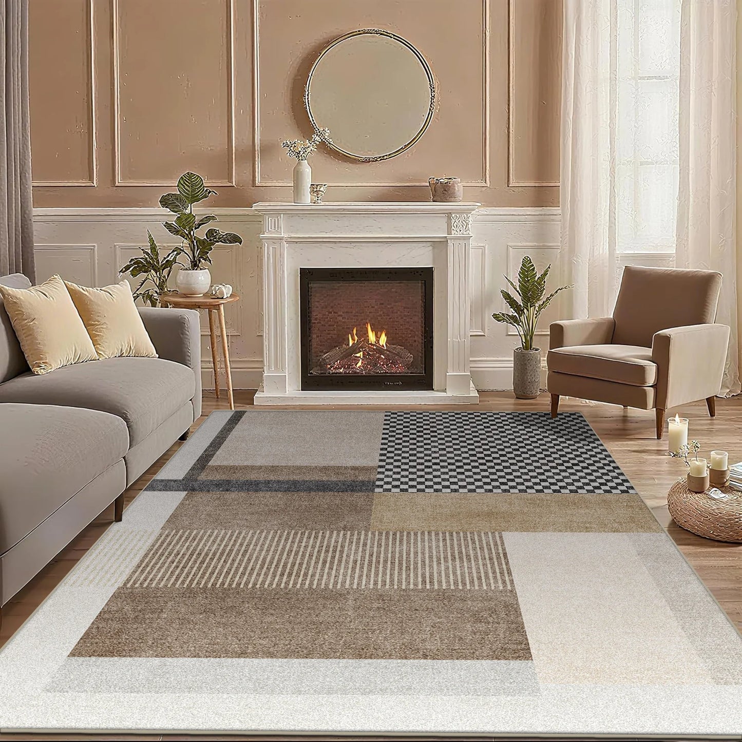 Mocco geometric brown grey area rug styled in a modern living room
