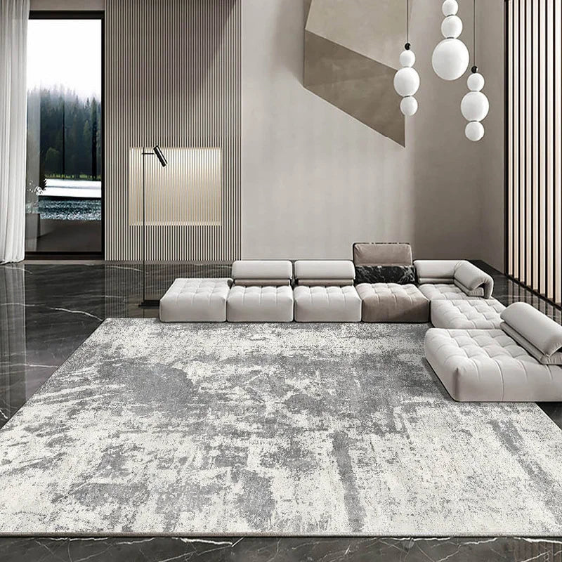 Mocco grey area rug styled in a modern living room.