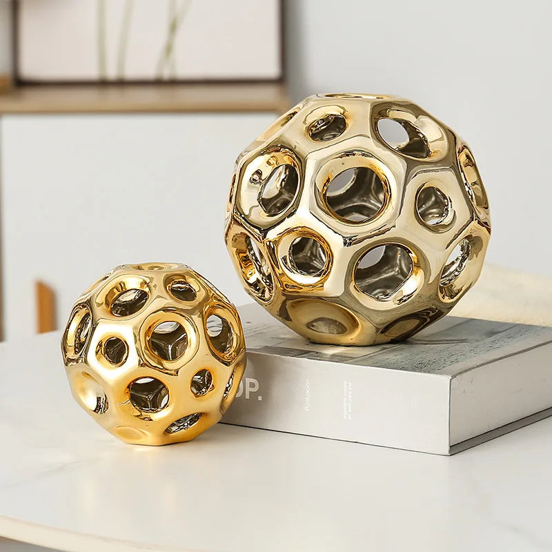 Ceramic Crafts Hollow Balls Golden Geometric Faceted Balls Abstract Sculpture Sphere Decorative Figurines Home Decoration 14:200006152#golden.L sculptures