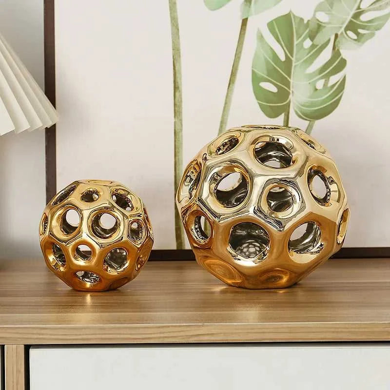 Ceramic Crafts Hollow Balls Golden Geometric Faceted Balls Abstract Sculpture Sphere Decorative Figurines Home Decoration 14:200006152#golden.L sculptures