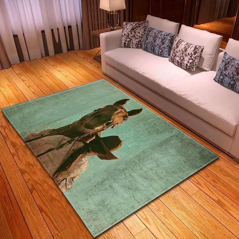 Horse portrait teal background – Odyssey animal print area rug for home