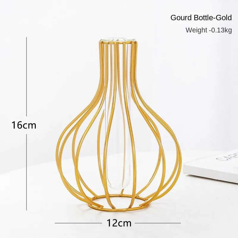Ontto Iron Art Golden Vase with Glass Test Tube - Hollow Metal Flower Holder 14:200002130#Gold-Small Vases
