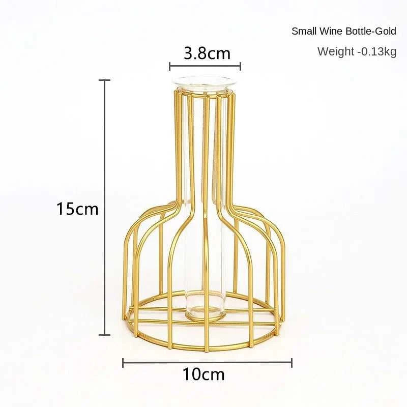 Ontto Iron Art Golden Vase with Glass Test Tube - Hollow Metal Flower Holder 14:200002130#Gold-Small Vases