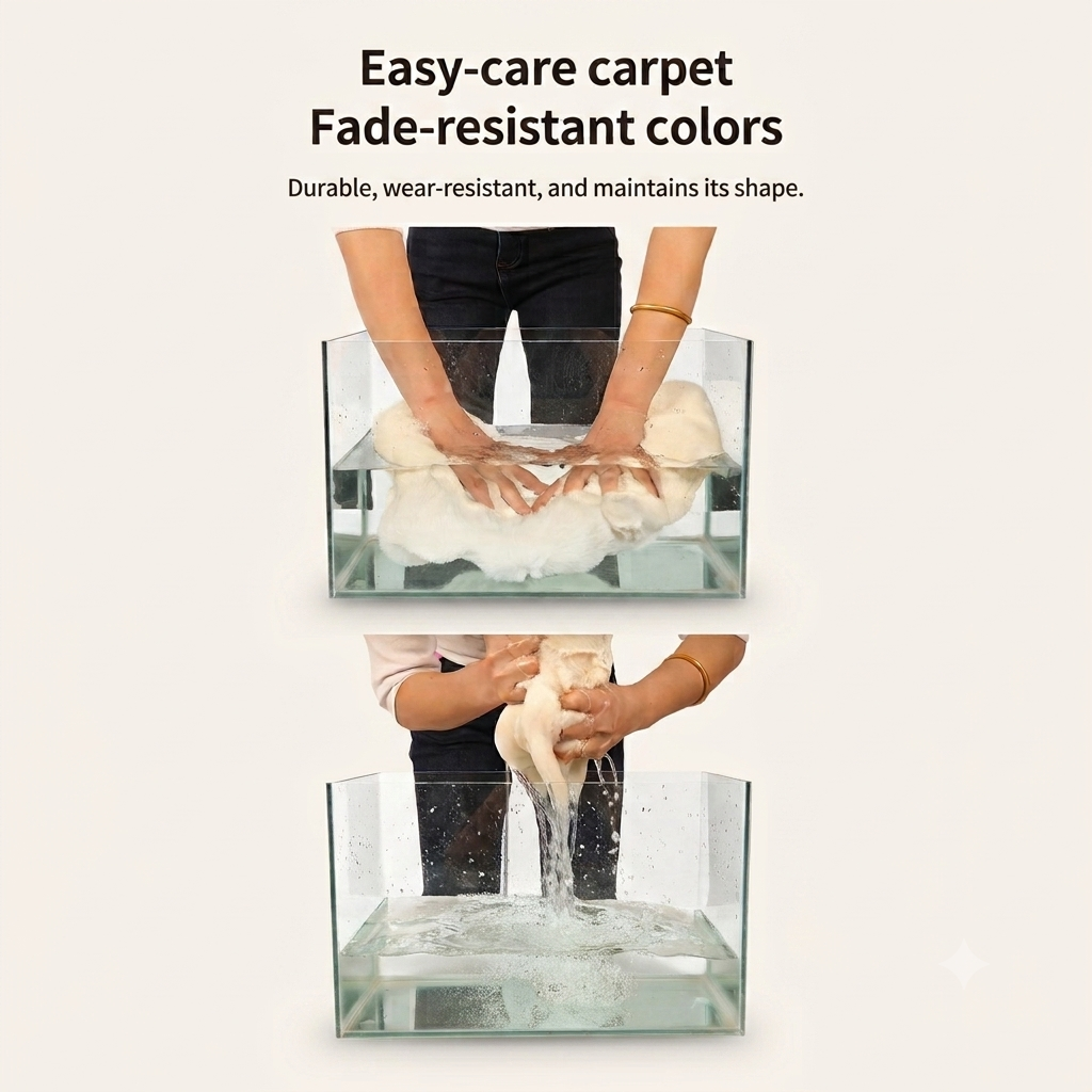 Pelo soft living room rug being hand washed — washable, fade-resistant, easy to maintain