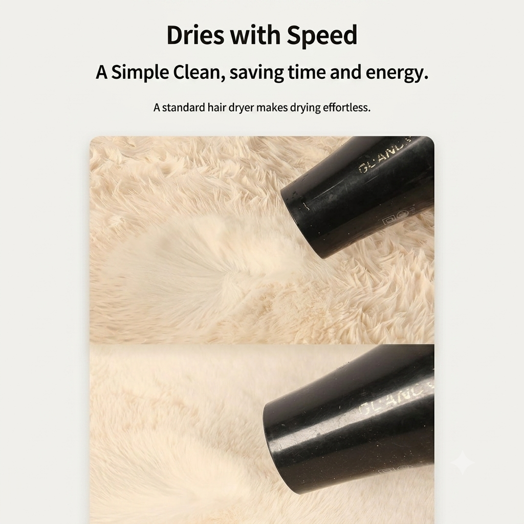 Pelo fluffy bedroom rug quick-dry care — blow dry after washing, easy home maintenance