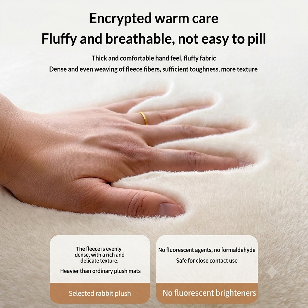 Pelo fluffy bedroom rug close-up — ultra-soft rabbit plush texture, no fluorescent brighteners