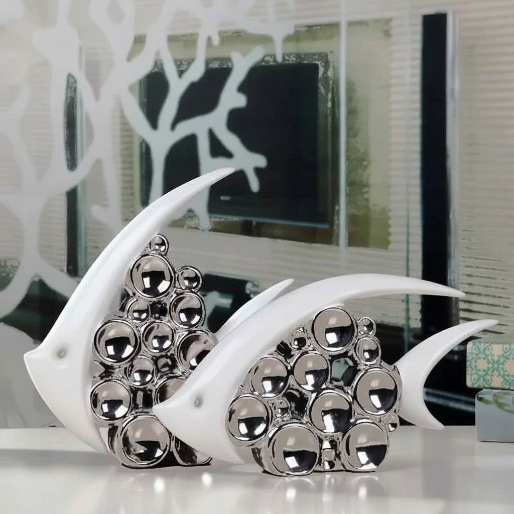 Silver Plated Bouble Loving Fishes Modern Europe Ceramic Furnishing Articles Office Home Livingroom Ornament Decoration 14:200006151#kiss fish couple sculptures