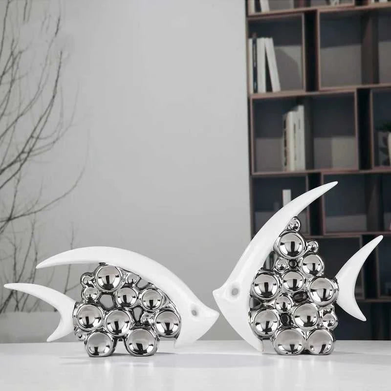 Silver Plated Bouble Loving Fishes Modern Europe Ceramic Furnishing Articles Office Home Livingroom Ornament Decoration 14:200006151#kiss fish couple sculptures