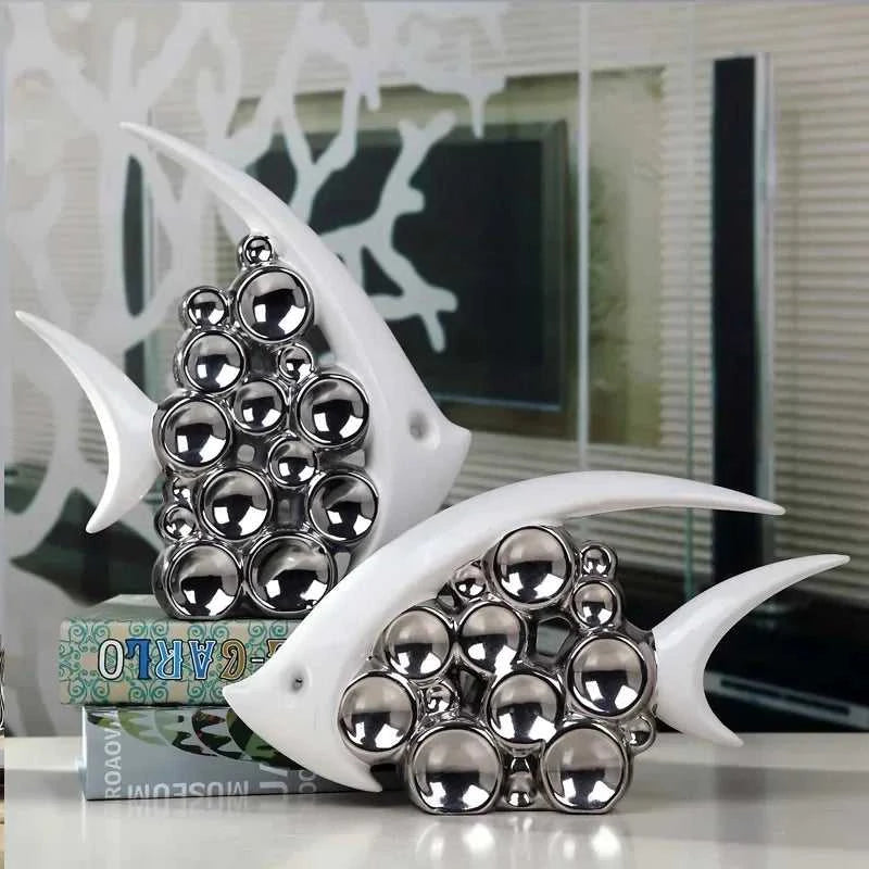 Silver Plated Bouble Loving Fishes Modern Europe Ceramic Furnishing Articles Office Home Livingroom Ornament Decoration 14:200006151#kiss fish couple sculptures