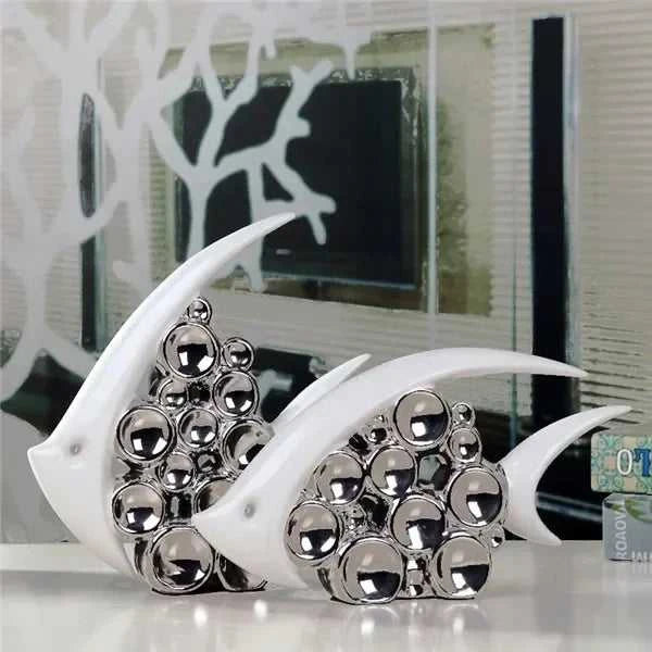 Silver Plated Bouble Loving Fishes Modern Europe Ceramic Furnishing Articles Office Home Livingroom Ornament Decoration 14:200006151#kiss fish couple sculptures