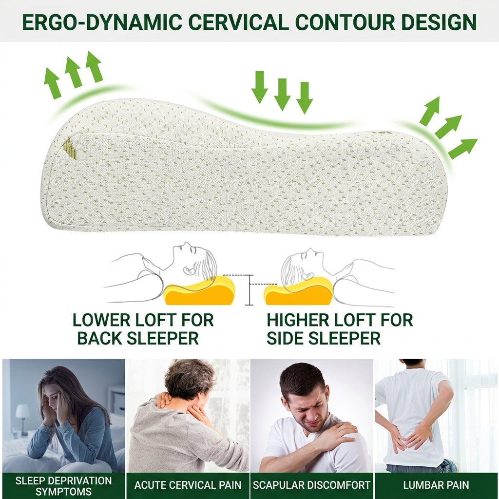 Essina Plante cervical pillow ergo-dynamic contour design — lower loft for back sleepers, higher loft for side sleepers, relieves cervical pain, scapular discomfort and lumbar pain