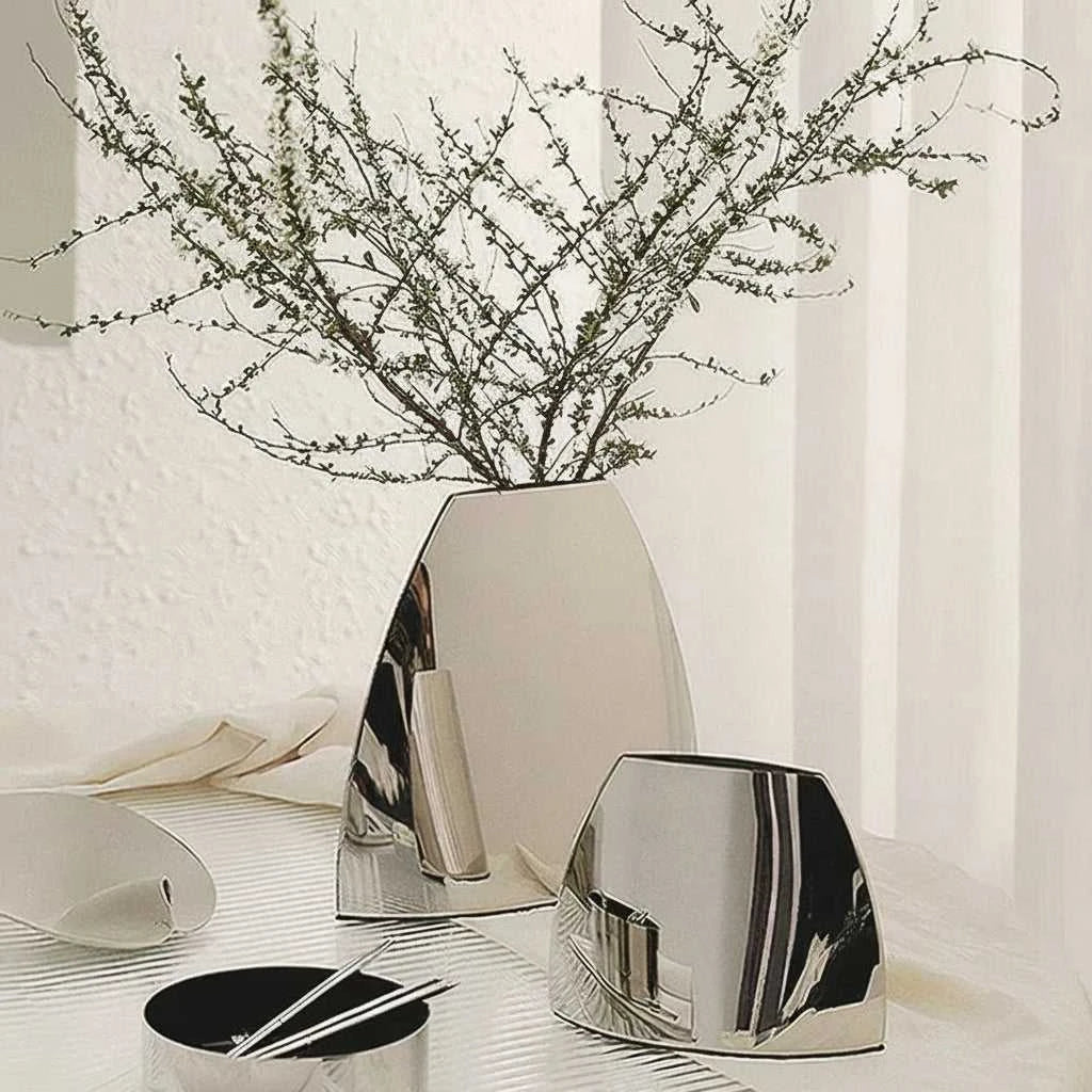 Plata Arc Metal Vase - Silver Smooth Finish Flower Pot 14:366#S decorative vase