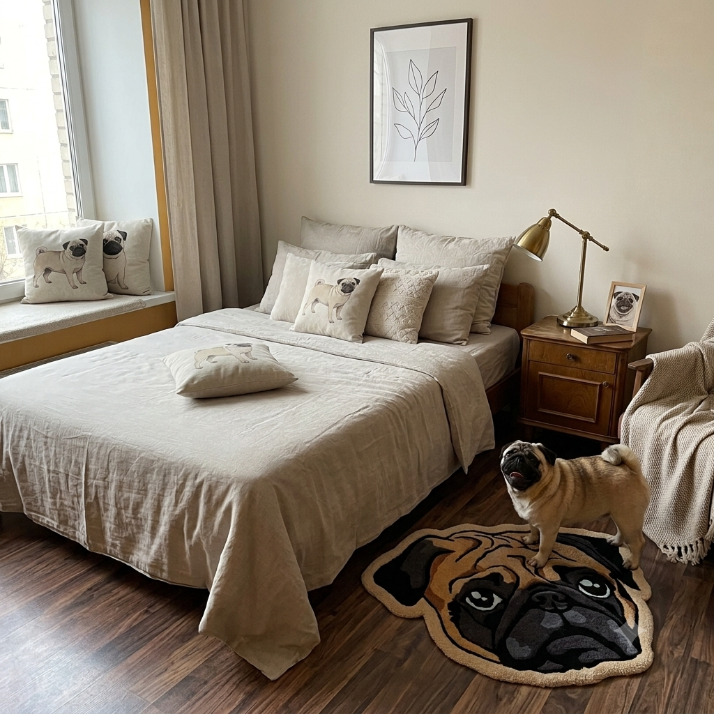 Pug animal print rug in a neutral Scandinavian bedroom with Pug cushions and brass bedside lamp