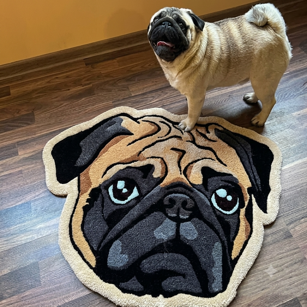 Close-up of Pug face animal print rug on dark wood floor with a real Pug dog standing on top
