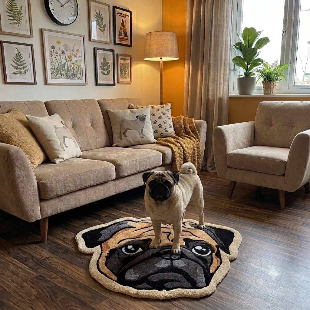 Pug animal print rug styled in a warm living room with sofa, gallery wall and Pug themed cushions