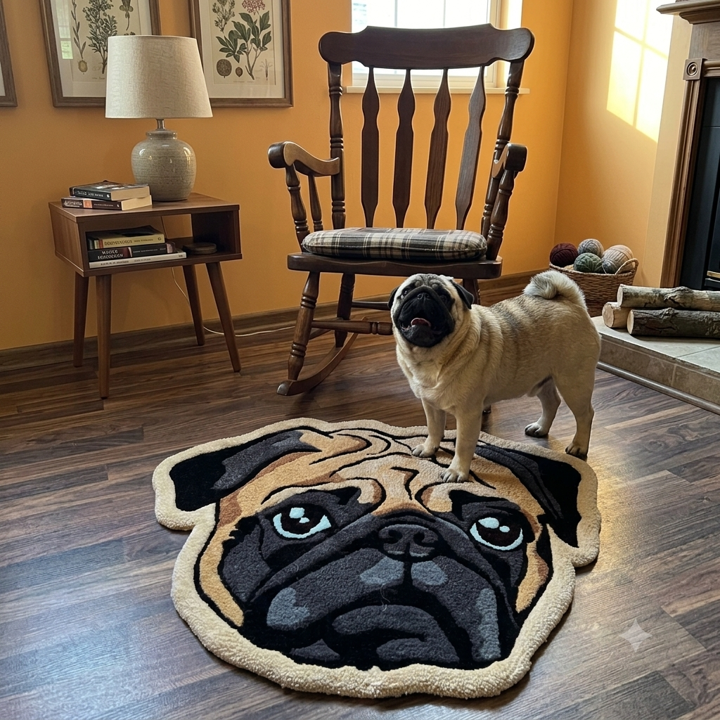 Pug shaped animal print rug beside a vintage rocking chair in a cosy amber-toned living room
