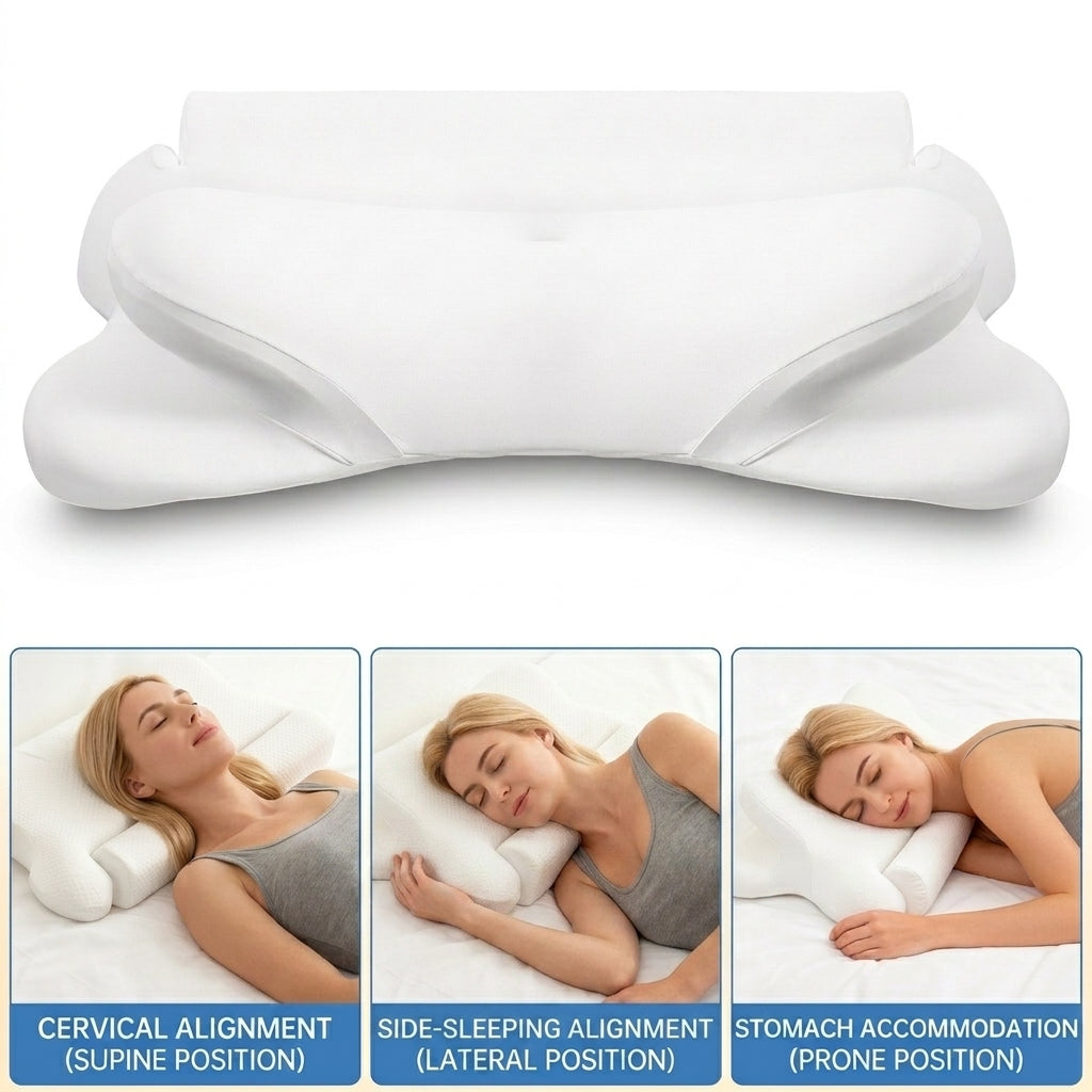 Rama contour pillow for side sleepers – supports cervical alignment (supine), side-sleeping alignment (lateral), and stomach accommodation (prone position)