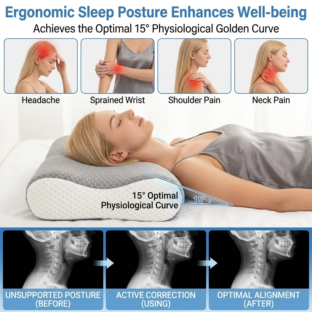 Rama contour pillow ergonomic sleep posture – 15° optimal physiological curve relieves headache, shoulder pain, and neck pain with cervical spine alignment from unsupported to optimal posture