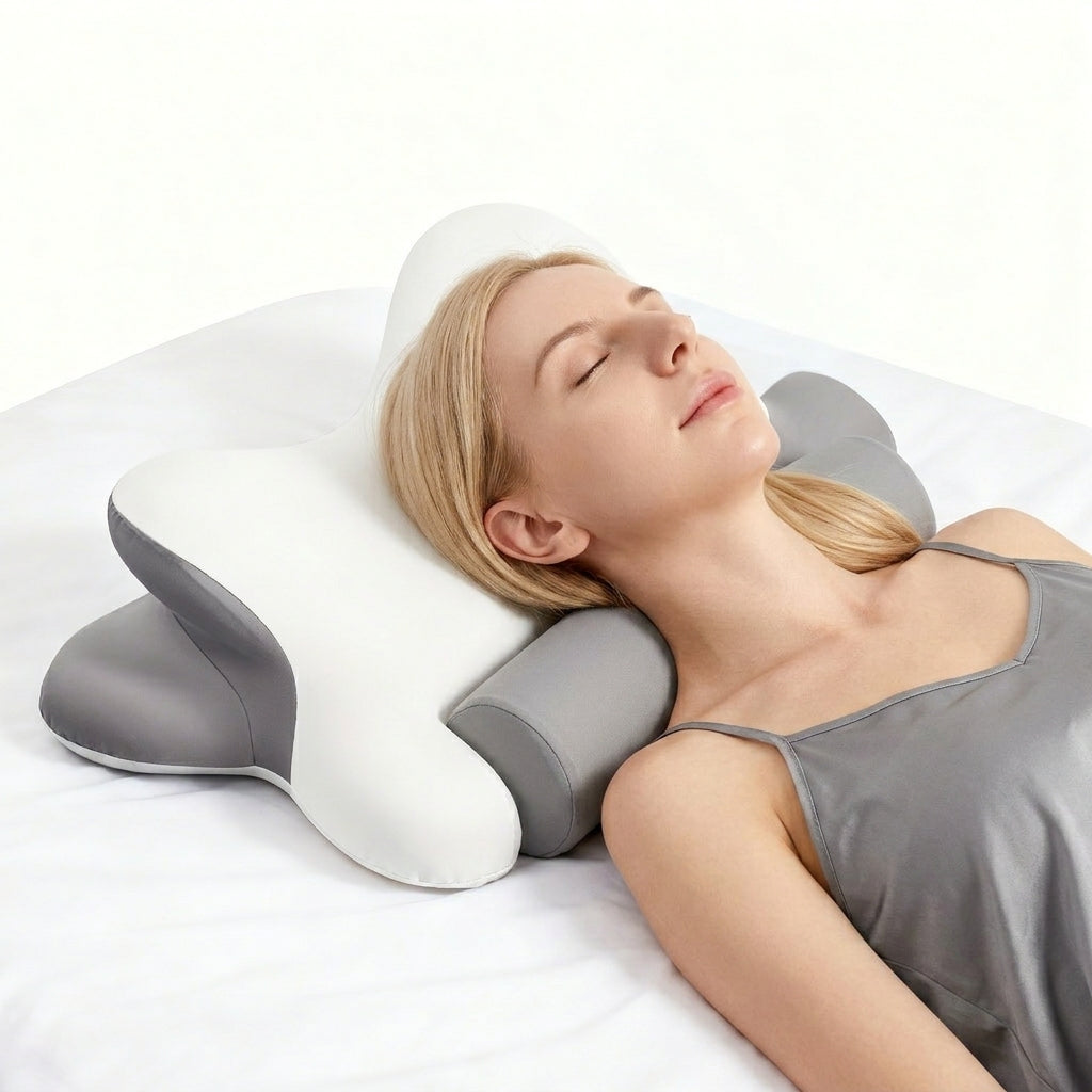Rama contour pillow for side sleepers – butterfly cervical memory foam pillow in white, front view