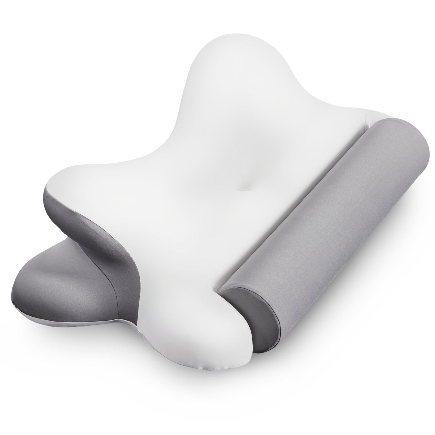 Rama contour pillow for side sleepers – grey and white butterfly-shaped cervical memory foam pillow (Z5030-GY), angled view showing ergonomic arm groove design