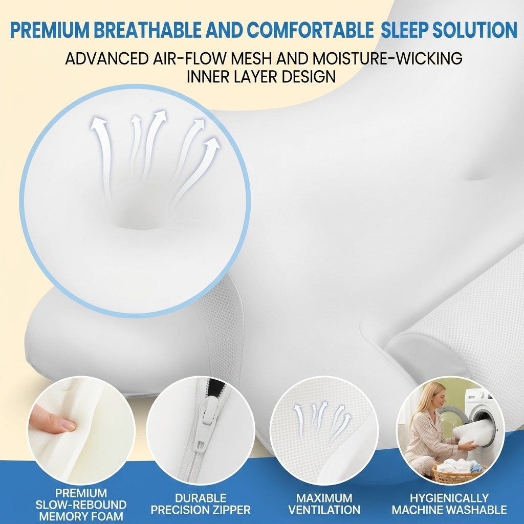 Rama contour pillow premium breathable sleep solution – slow-rebound memory foam, durable precision zipper, maximum ventilation air-flow mesh, and hygienically machine washable cover