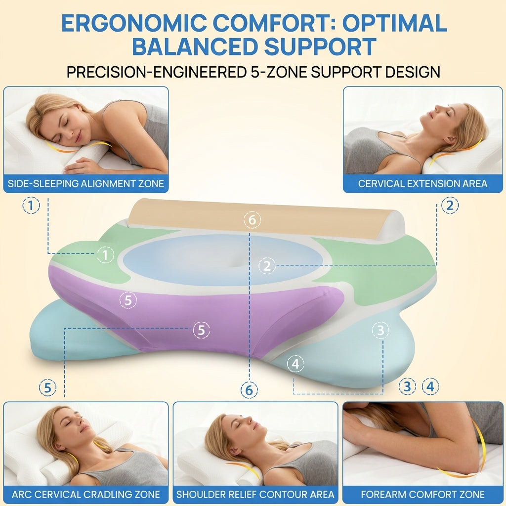 Rama contour pillow supporting cervical alignment, side-sleeping, and stomach accommodation for all sleep positions