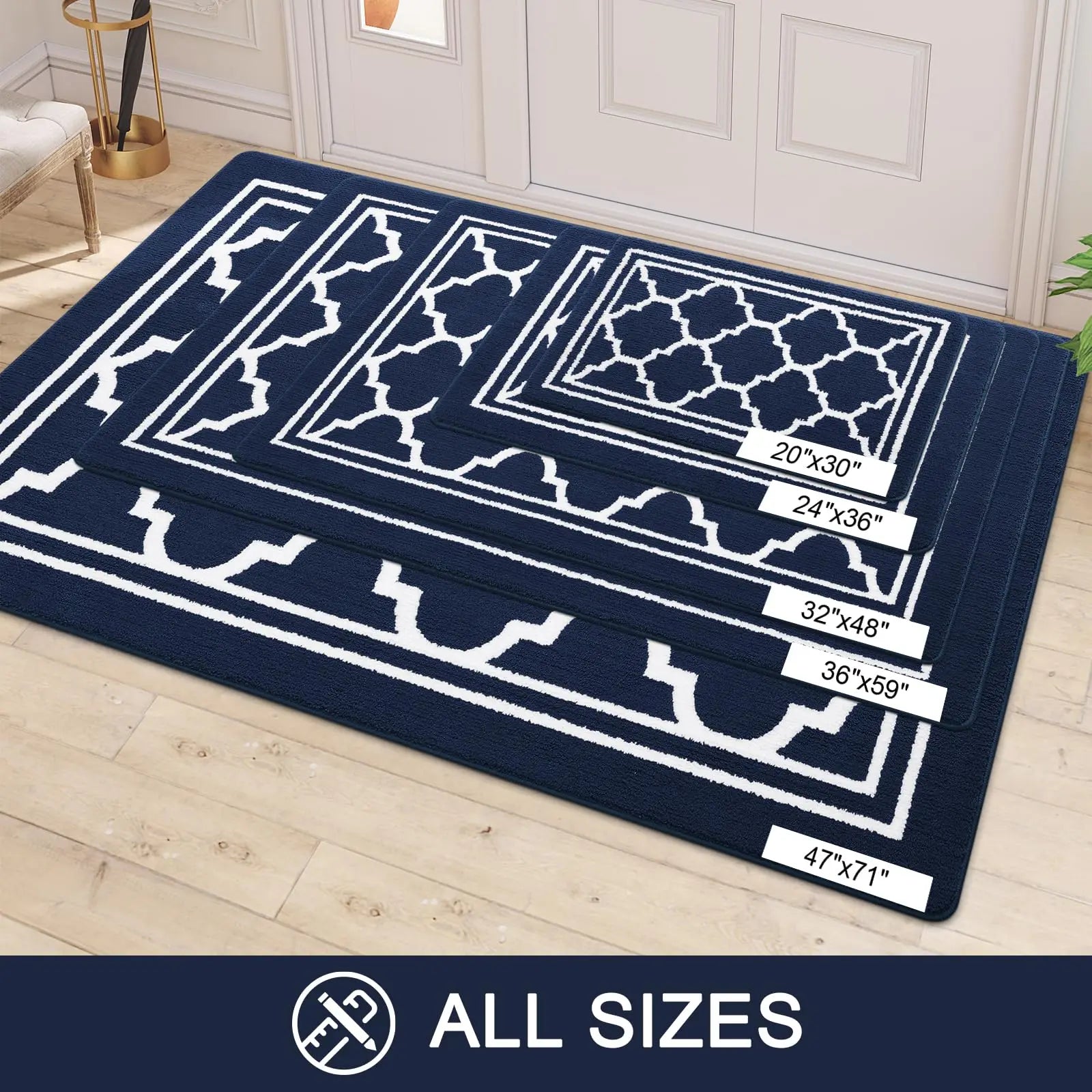 Blue Retika absorbent entrance rug in modern hallway interior with various sizes