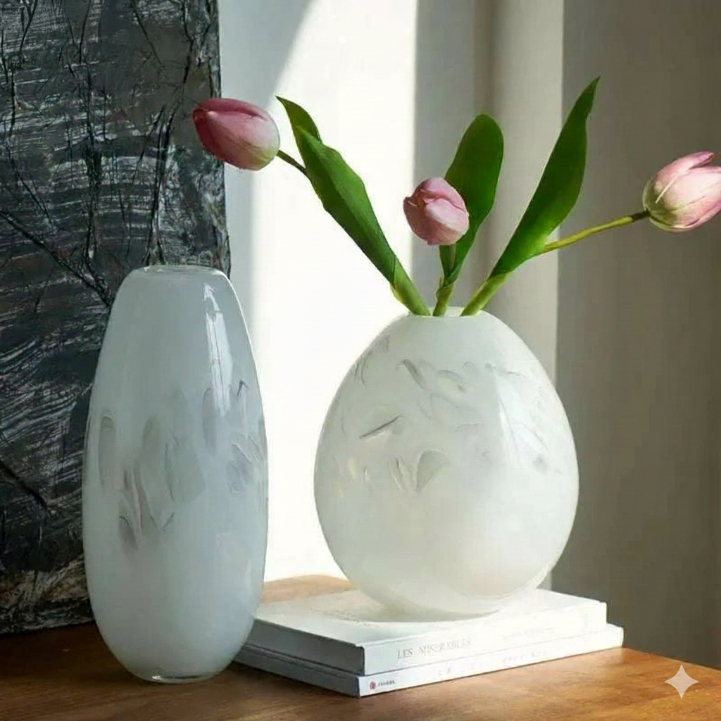 Shoku Milky White Glass Vase - Nordic Minimalist Flower Pot for Modern Home Decor 14:29#A Vases