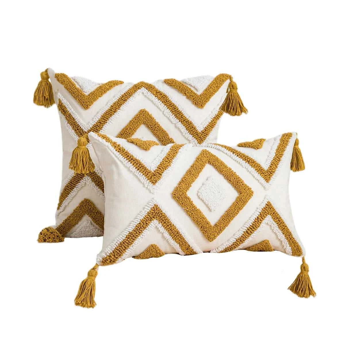Solaris Boho Golden Brown Geometric Pillow Cover - 100% Cotton Tufted Cushion 14:350852;5:202949817 OE Cushion Covers